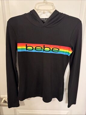 bebe Black Hoodie Top with Rainbow Stripe Logo